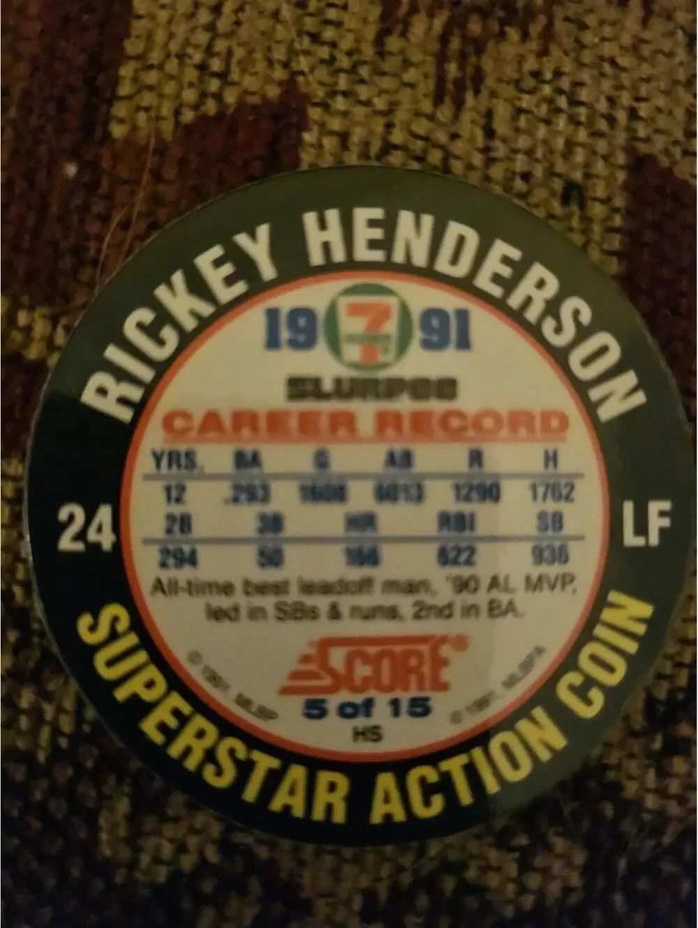 1991 Baseball Score 7-11 Slurpee Superstar Action Coin #7 Rickey Henderson